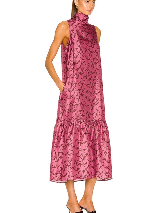 Asceno Dresses & Skirts - Sleeveless High-Neck Pink Floral Satin Dress